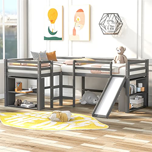 Twin Size Metal Loft Bed With Two Built-in Desks, L-Shaped Loft