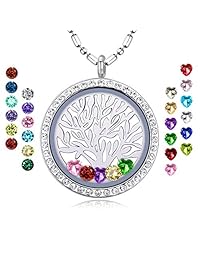 Collar de árbol de la vida con piedra natalicia, cierre flotante con tornillo, incluye 24 piedras de nacimiento y 2 placas de árbol de la familia, regalo de cumpleaños para mamá, madre, abuela, hija, hijo