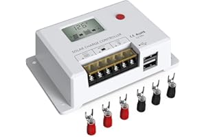 Solar Charge Controller 10A, Bateria Power 12V/24V PWM Solar Controller with LCD Display Dual USB Multiple Load Control Modes for AGM, Gel, Flooded and Lithium Battery, Used in RVs, Boats, Yachts