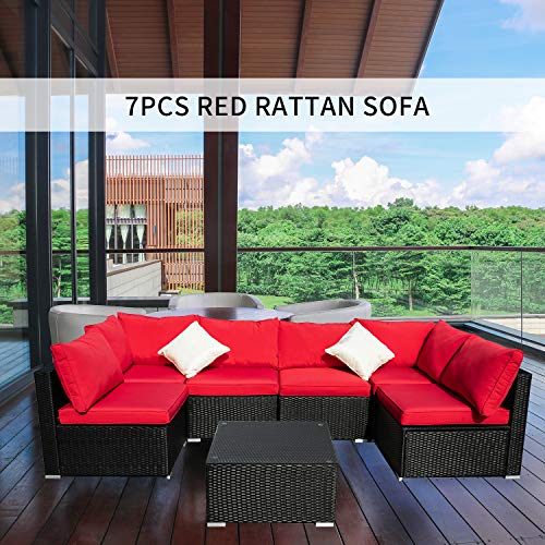 7 Pieces Outdoor Patio Furniture Sets,Wicker Rattan Sectional Patio Furniture Sofa Set Red with