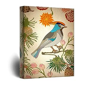 Vintage Style Colorful Brid on Flower Branch