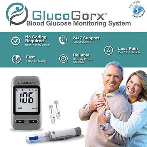 GlucoGorx® Blood Glucose Testing Kit - 210 Blood Test Strips, 225 Sterile Lancets, Glucometer, Depth Controlled Lancing Device, Control Solution, User Manual & Convenient Carrying Case