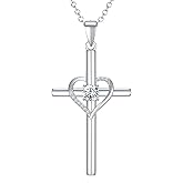 NORBU 925 Sterling Silver Cross Necklace for Women, Heart Cross Necklaces with 5A CZ Diamond, Womens' Religious Christian Jewelry Gift for Birthday Baptism Christmas