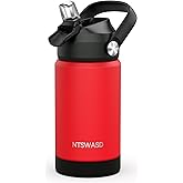 Ntswasd Kids Insulated Water Bottle with Straw,12 oz Kids Cups with Stainless Steel Leak Proof for School Daycare Boys Girls(Red)