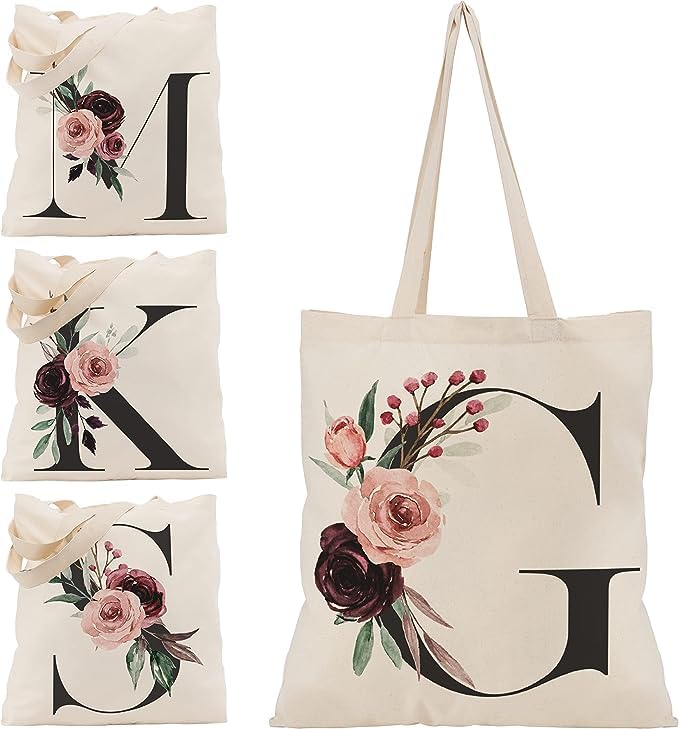 Floral Initial Canvas Bag Gifts for Women - 15"x16" Shoulder Tote Bags for Bridesmaids Hen Party Teacher Gift Shopping Bag C1 (Initial #G)