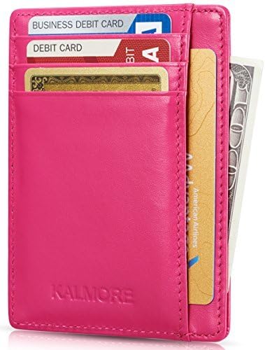 Card Case RFID Protected Genuine Leather Front Pocket Slim Wallet Credit Card Holder with ID Window by KALMORE (Rose)