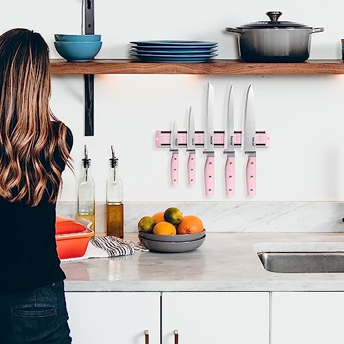 hecef 5 Pieces Kitchen Knives with Magnet Knives Organizers (33 cm), Professional Stainless Steel Kitchen Knives Set with Magnetic Bar Knives (Pink)
