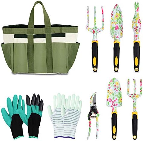 LOYLOV Garden Tool Set Floral Print 9 Piece Aluminum Gardening Tools with 2 Gardening Gloves, Garden Tote, Hand Pruner, Garden Trowel, Hand Rake, Weeder, Fork, Transplanter, Gardening Gifts for Women