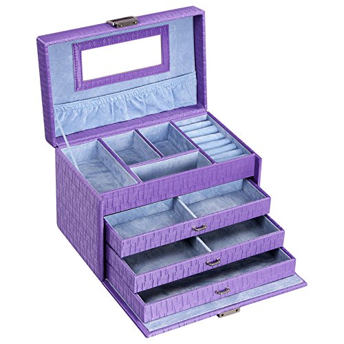 SONGMICS Girls Jewelry Box Lockable Jewelry Case Purple Textured Organizer UJBC133