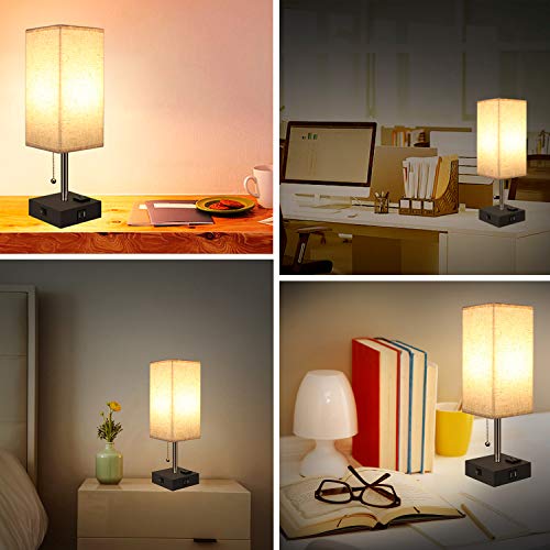 Living Room Ambient Light Bedside Nightstand For Home Bedroom Office Usb Table Lamp With Fabric Shade And 2 Charging Ports For Recharging Devices