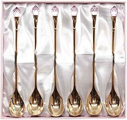 Gold Flatware Set 6-Pcs.Dessert Demi Spoons, 24 Karat-plated with Pink Crystal Tip, Stainless Steel, 6 long ea. by WORLD GIFTS