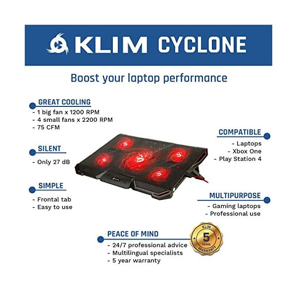 KLIM-Cyclone-Laptop-Cooling-Stand-Maximal-Cooling-XL-Laptop-Stand-With-5-Cooling-Fans-Compatible-Gaming-Laptop-Cooling-Pad-Red-New-2021-Version KLIM Cyclone Laptop Cooling Pad - NEW 2023-5 Fans Cooler - No More Overheating - Increases PC Performance and Life…