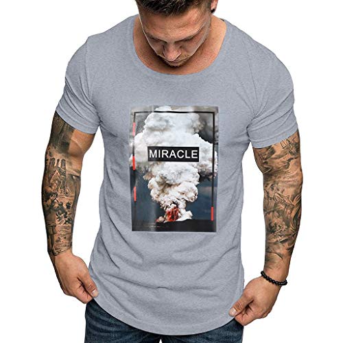 Yaida_Summer Men's Fashion Casual Color Cotton O-Neck Print Short Sleeve Top Blouse Gray