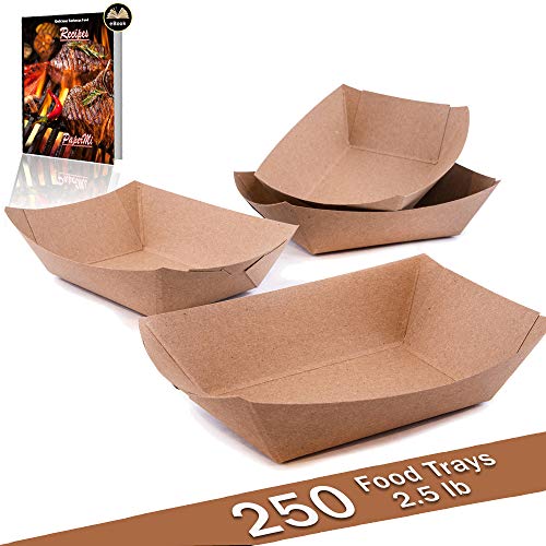 PaperMi Brown Paper Food Tray - USA Made FDA Approved 2.5lb Disposable Kraft Hot Dog Tray, Paper Food Trays for Picnics, Carnivals, Camping - Food Serving Tray Holds Hot and Cold Food - (250pcs)