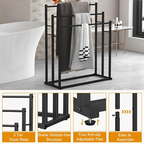 Beauenty Bathroom Towel Rack,3 Tiers Metal Towel Rail Standing,Bath Towel Stands,Freestanding Towel Holder for Bath Storage & Hand Towels,Next to Tub or Shower,Outdoor Pool Towel Racks