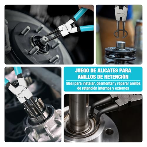 DURATECH 4 Piezas Alicates Circlip de 180 y 165 mm con Mango Antideslizante | Alicates para Anillos de Retención Internos y Externos, Puntas Rectas y Curvas, Acero al Carbono, Bolsa de Almacenamiento
