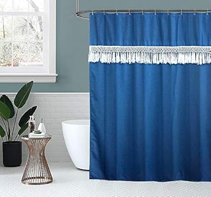 Amazon Com Yokii Blue Shower Curtain With White Tassel 72 Inch