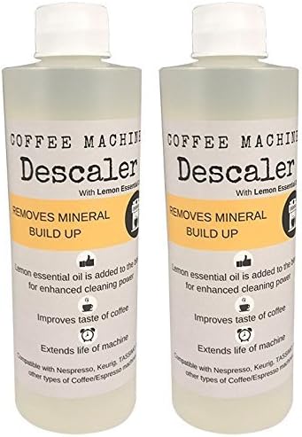 Descaler (2 Pack/4 Uses) | USDA Organic Lemon Essential Oil Added | Universal Descaling Solution for Kuerig, Delonghi, Nespresso and All Single Cup, Slow Drip, and Espresso Machines