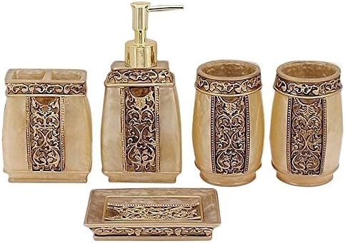 PomeLOL 5pcs Luxury Resin Floral Bathroom Accessories Set Bath Accessory Soap Disk Dispenser Tumbler Toothbrush Holder [Golden]