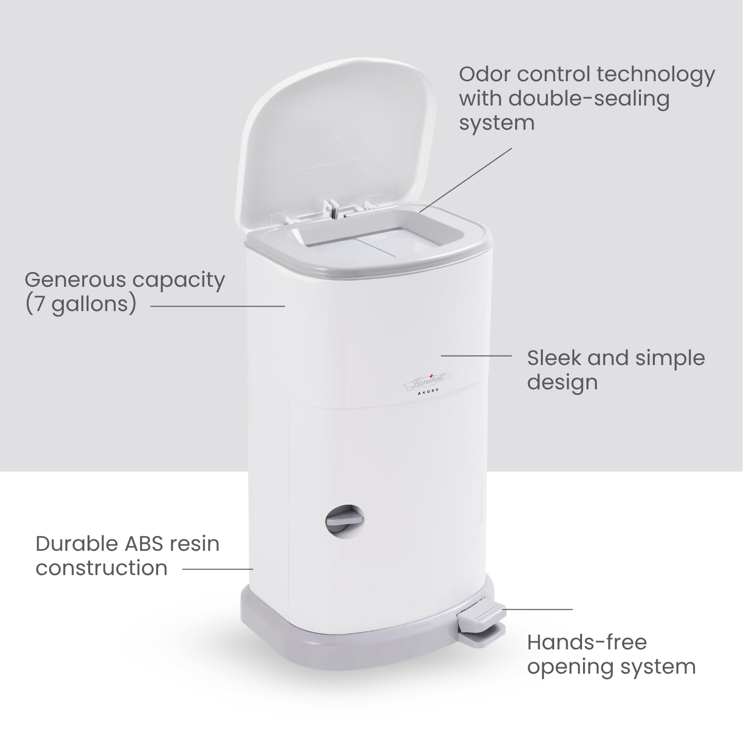 Janibell Akord Slim Adult Diaper Disposal System 7 Gallon Odor Locking Double-Sealed Adult Diaper Pail with Hands-Free Foot Pedal, Holds 22 Large Briefs, Continuous Liner, Durable ABS Resin