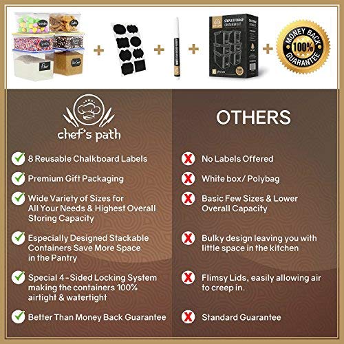Chefâ€™s Path Large Food Storage Containers - Great for Flour, Sugar, Baking Supplies - BEST Airtight Kitchen & Pantry Bulk Food Storage - BPA Free - 6 PC Set & 8 FREE Chalkboard Labels & Pen