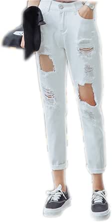 Amazon.com: Pantalón Outfits Boyfriend para mujer Denim Jeans Stretch Loose  pantalones con rotura de agujeros, W31, Blanco : Ropa, Zapatos y Joyería