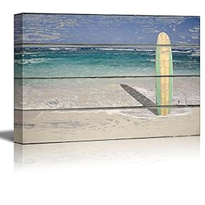 Relaxing Beach Scene with a Surf Board Standing in The Sand on a Rustic Wood Background - Canvas Art Home Art - 24x36 inches
