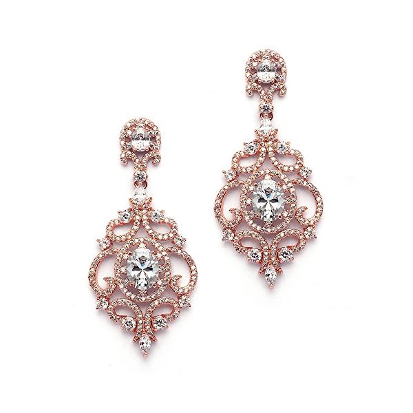 Mariell Victorian Scrolls 14k Rose Gold plated Cubic Zirconia Wedding or Evening Chandelier Earrings
