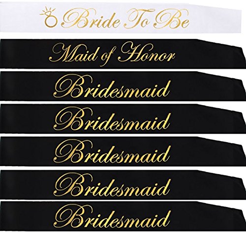 21 PIECE BACHELORETTE PARTY SASH SET:Bride to be sash,Maid of honor sash,5 Bridesmaid sash/Team Bride free Bride/Bride tribe tattoos,7 gold pins for Bridal shower,Engagement party favors &supplies