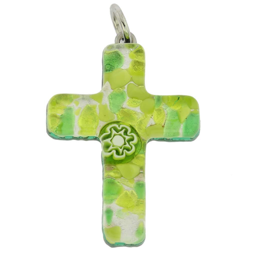 Glass Of Venice Murano Glass Venetian Reflections Cross Pendant - Green Silver