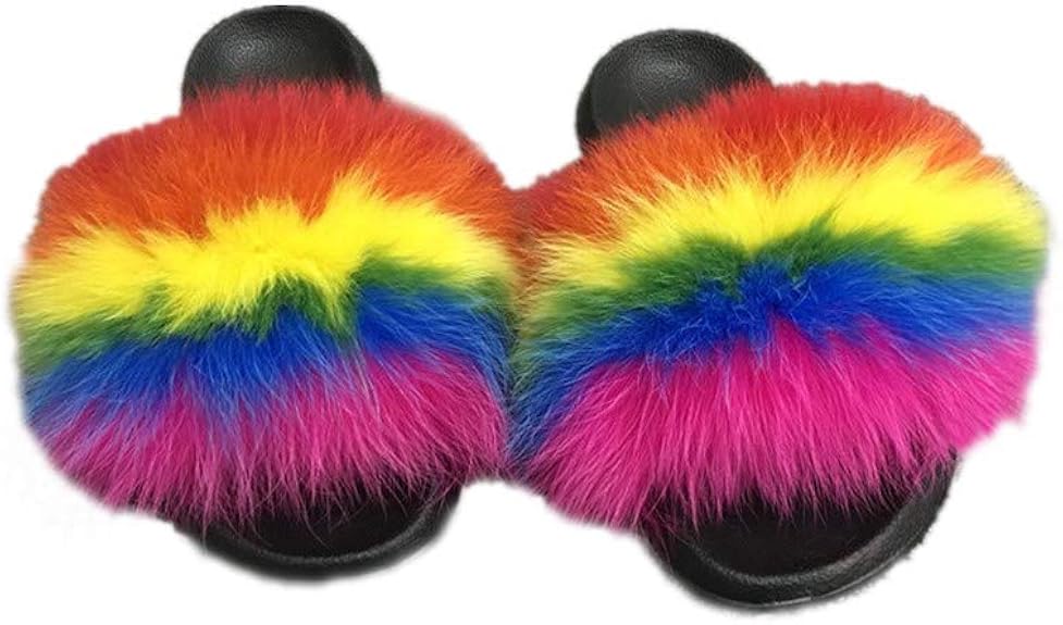 multicolor fur slides