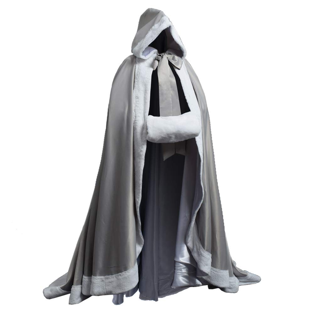GRACEART Wedding Hooded Cloak Bridal Cape with Fur Trim Faux Fur Cloak (grey)