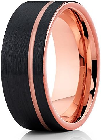 Silly Kings 8mm Brushed Black Tungsten Carbide Wedding Ring Rose Gold Inlay Offset Groove Men Women Comfort Fit Band 9