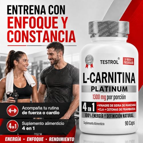 L Carnitina, Platinum 1300mg por porción | 4 en 1 | Carnitina Tartrato, Vinagre de Manzana Organico, Cla y Cetonas de Frambuesa | Pre Workout | Para Hombres y Mujeres, Testrol L-Carnitina 90 Cápsulas