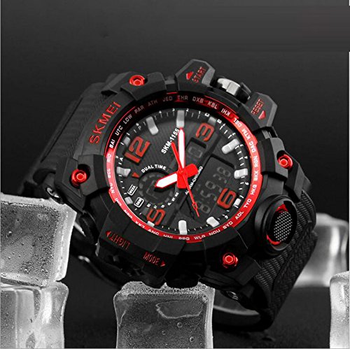 Oumosi - Orologio da polso da uomo, stile militare, con LED, digitale e analogico multifunzione, sportivo Red
