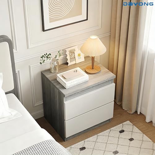 DAYONG Nightstand with 2 Drawers, Simple Bedside Table, Wooden End Table for Living Room, Modern Bedside Cabinet for Bedroom Sofa Side Office. (grey+white)