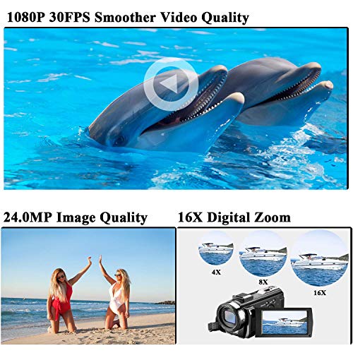 Video Camera Camcorder with Remote Control, Aasonida YouTube Camera 30FPS 1080P with Hot Shoe and 2 Batteries, 24MP 3 Inch Screen 270 Degree Rotation Screen 16X Digital Zoom, Pause Function