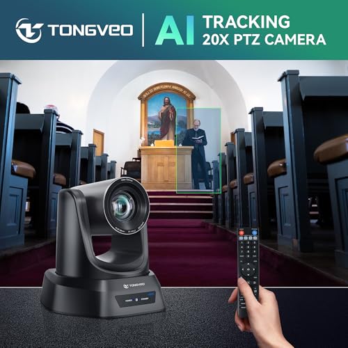 TONGVEO 4K AI PTZ Camera with Auto Tracking and 20X Optical Zoom, Conference Room Webcam with HDMI/USB3.0/LAN/PoE, Ideal for Church Worship, Zoom Meetings, Live Streaming and Education