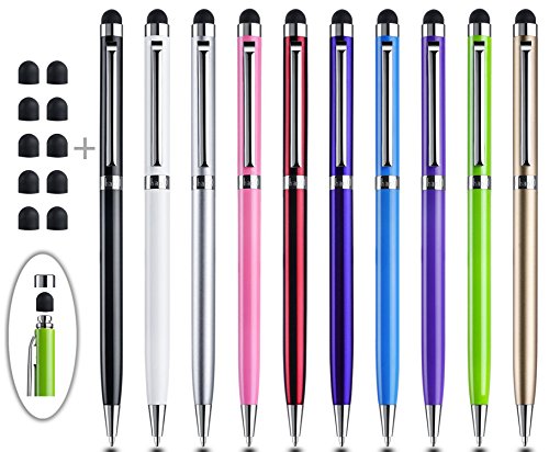 Stylus Pen, ChaoQ (All Metal Material) 10 Pack Silver Clip 2 in 1 Slim Capacitive Stylus and Ballpoint Pen for Universal Touch Screen Devices With 10 Extras Replaceable Rubber Tips