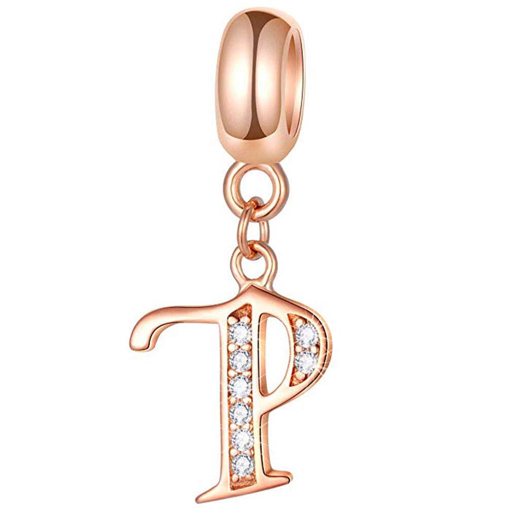 925 Sterling Silver Rose Gold Charm Alphabet Charm Love Charm Anniversary Charm Birthday Charm for Pandora Charm Bracelet (P)