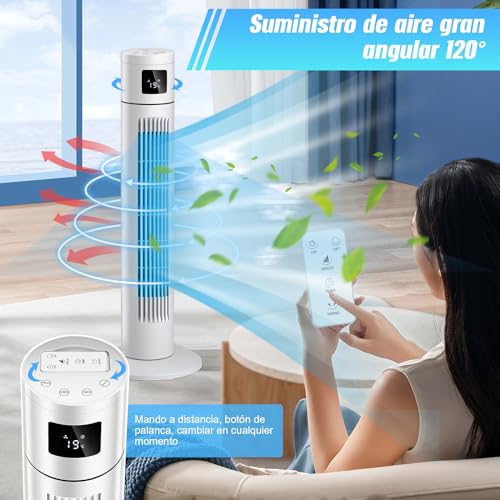 AXIDUN Ventilador de Torre 84 cm/33", Ventilador de Torre Silencioso de 3 Velocidades con Control Remoto, 12h Timer, Ventilador sin Aspas, Oscilación de 120° Ventilador de Pie Vertical.