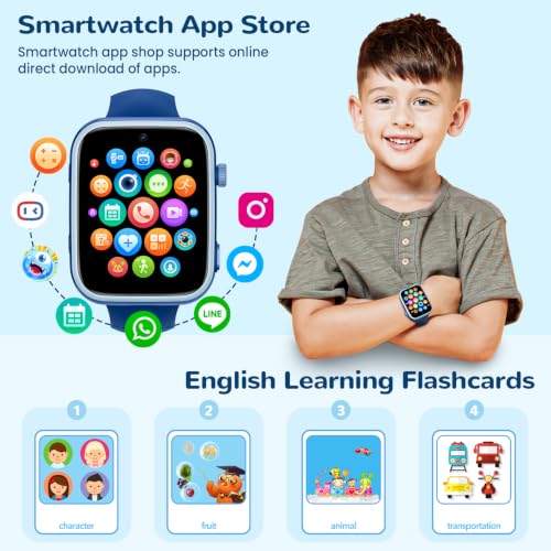 AIMIUVEI 4G Montre Connectée Enfants avec Appels, Appels Vidéo, Chat Vocal, WiFi, GPS, SOS, SMS, Étanche IP68, Mode École et Podomètre, Smartwatch Enfants avec Écran HD 1,83'' Bleu