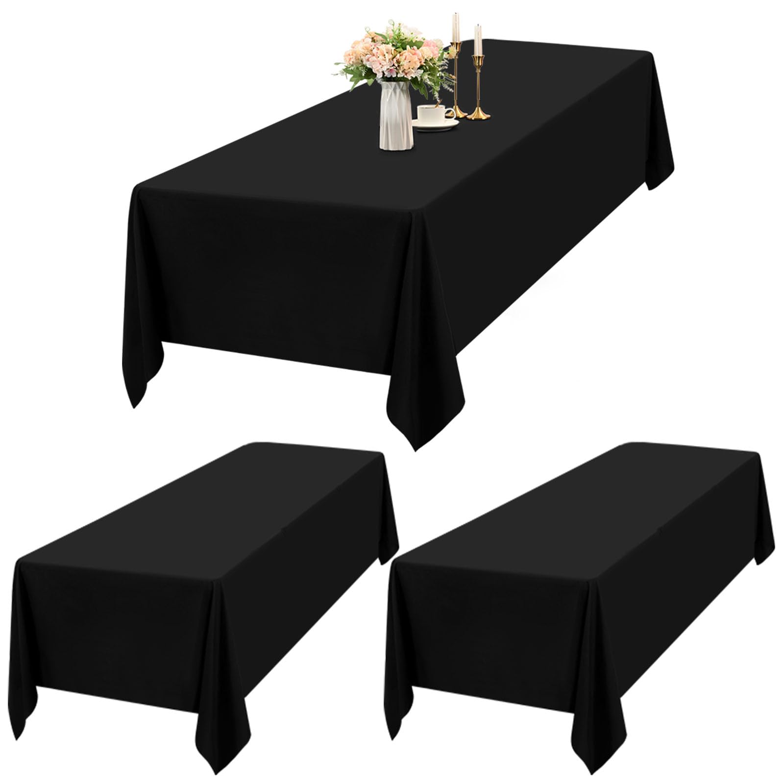 2 Packs Black Tablecloths Rectangle 153 x 320 cm, Waterproof Polyester Black Table Covers for 8ft Table, Washable Rectangle Large Table Cloth for Party Wedding Buffet Camping Restaurant(60x126in)