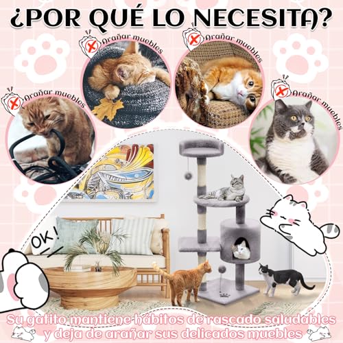 KongJies Torre para Gatos, Árbol para Gatos con Poste Rascador, 4 Niveles Castillo para Gato con 3 Plataforma Acolchada y Pompón, para Gatos Pequeños Medios (Gris Claro)
