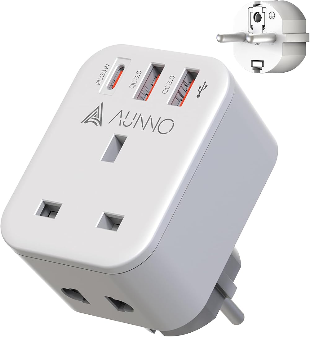 AUNNO UK to EU Plug Adapter PD 20W 2 USB 1 USB-C Grounded Type E/F
