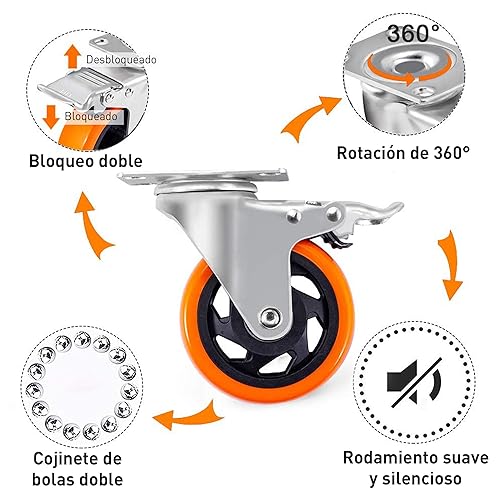 RONLADO Ruedas para Muebles Pesados,Ruedas Giratorias de Alta Resistencia con Frenos y 16 Tornillos,Juego de 4 Ruedas Giratorias de 4" (100mm) y 360°para Muebles Con Freno,Carga Máx 400kg