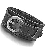 INBLUE Men's Wide Alloy Genuine Leather Bracelet Bangle Cuff Black Adjustable