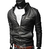 Yaheeda Men's Casual Stand Collar Slim PU Leather Motorcycle Rider Faux-Leather Jacket Coat Jacket
