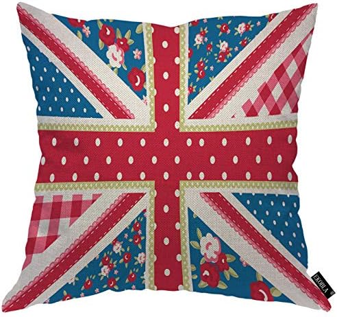EKOBLA British Flag Throw Pillow Cowl Cute Shabby Stylish Floral Type Classic Dots Blue Background Cozy Sq. Cushion Case for Males Girls Boys Women Room Dwelling Decor Cotton Linen 18×18 Inch