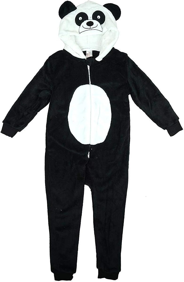 Girls Novelty Panda Face Hooded Zip Sleepsuit Fleece Onesie Romper